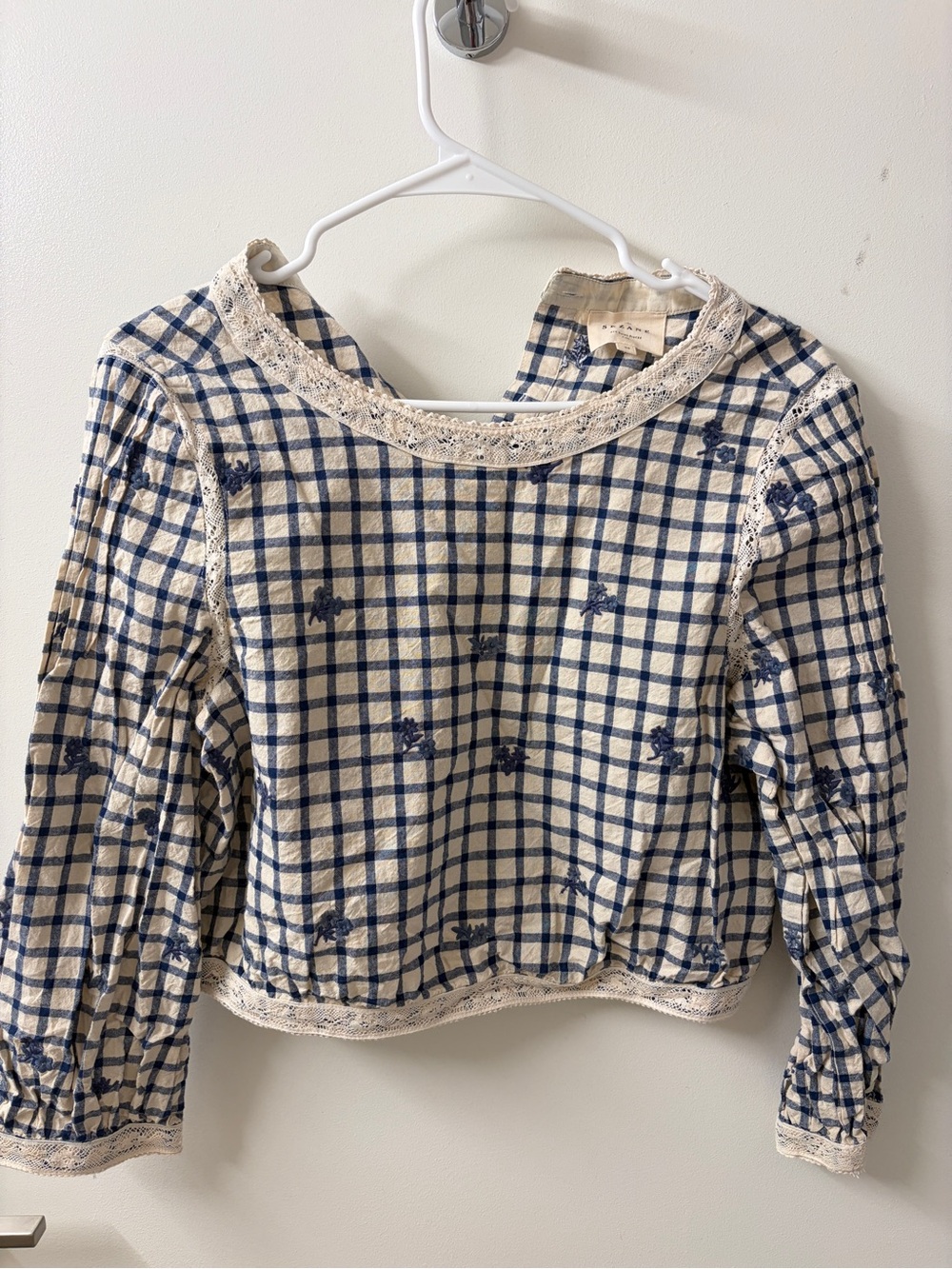 Sezane Blue and Cream Checked Lace-Trim Long Sleeve Top